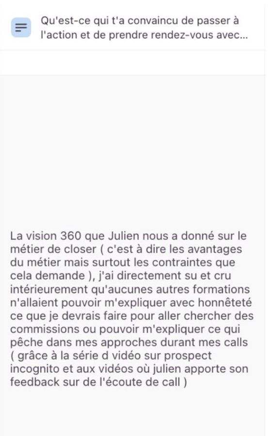 Message : la vision honnête du métier et les feedbacks d'écoute de calls.